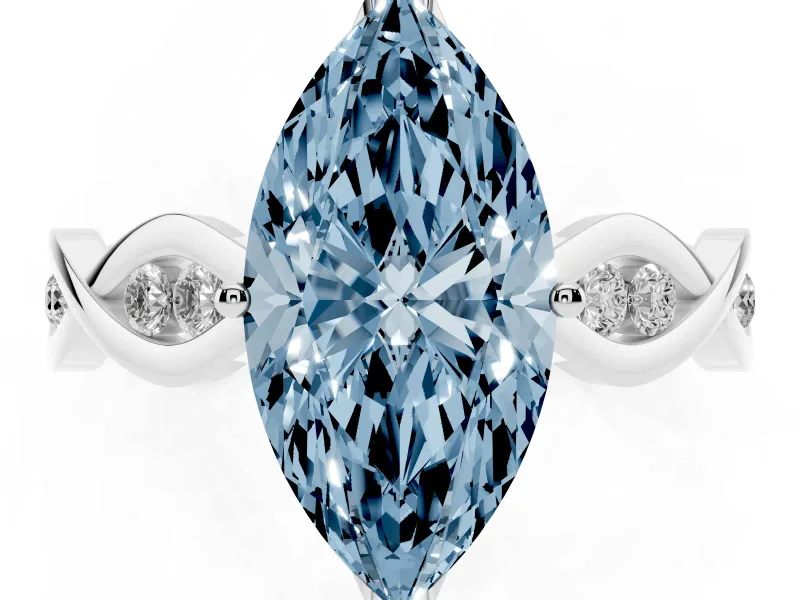 Fancy Blue Marquise Cut Diamond Twist Band Solitaire Ring Set in Silver with Leaf Prong Setting and Accent Stones