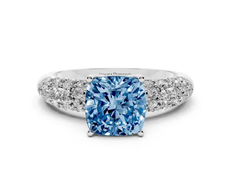Fancy Blue Cushion Cut Diamond Pavé Band Solitaire Ring Set in Platinum with Close-Set Accent Stones and Prong Setting