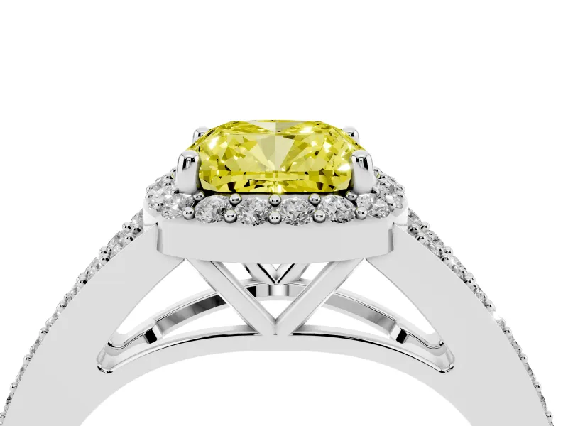 Cushion Cut Halo Engagement Ring Setting for a Fancy Yellow Lab-Grown Diamond | V-Split Pavé Band | Sterling Silver