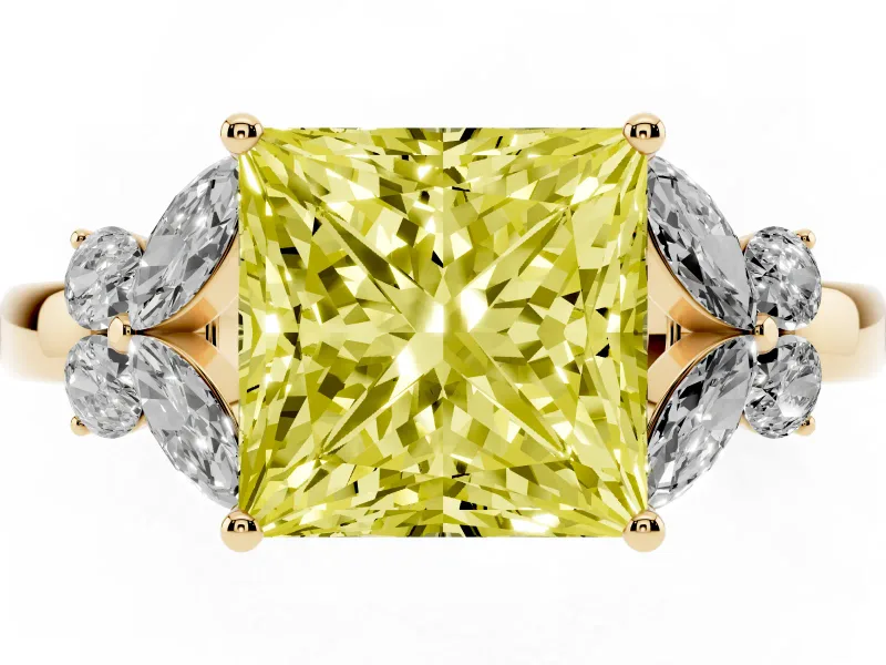 Fancy Yellow Princess Cut Diamond Solitaire Floral Ring Set in Yellow gold with Marquise Petals and Prong Setting
