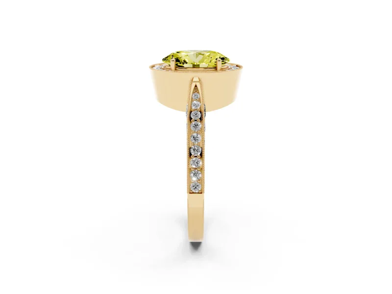 Oval Milgrain Halo Engagement Ring Setting for a Fancy Yellow Lab-Grown Diamond | Side Stones | Yellow Gold