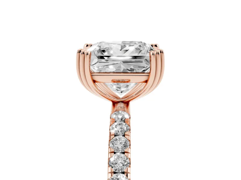 Princess Cut Pave Solitaire Engagement Ring Setting | Double Claw Prongs | Rose Gold