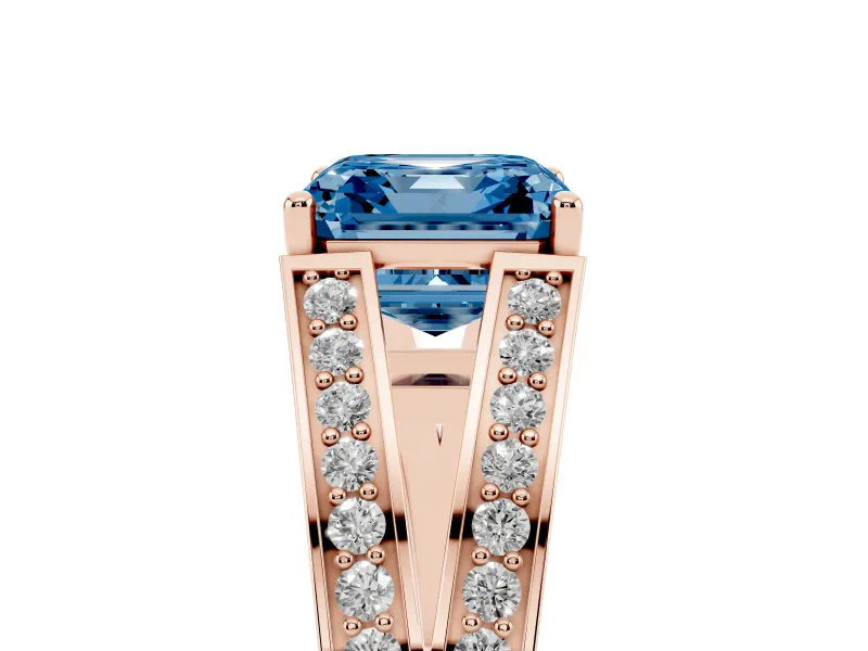 Fancy Blue Asscher Cut Diamond Split Shank Ring Set in Rose gold with Pavé Band and Prong Setting