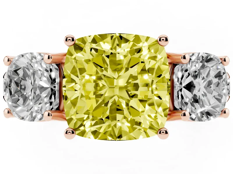 Cushion Cut Three Stone Engagement Ring Setting for a Fancy Yellow Lab-Grown Diamond | Accented Shoulders | Rose Gold
