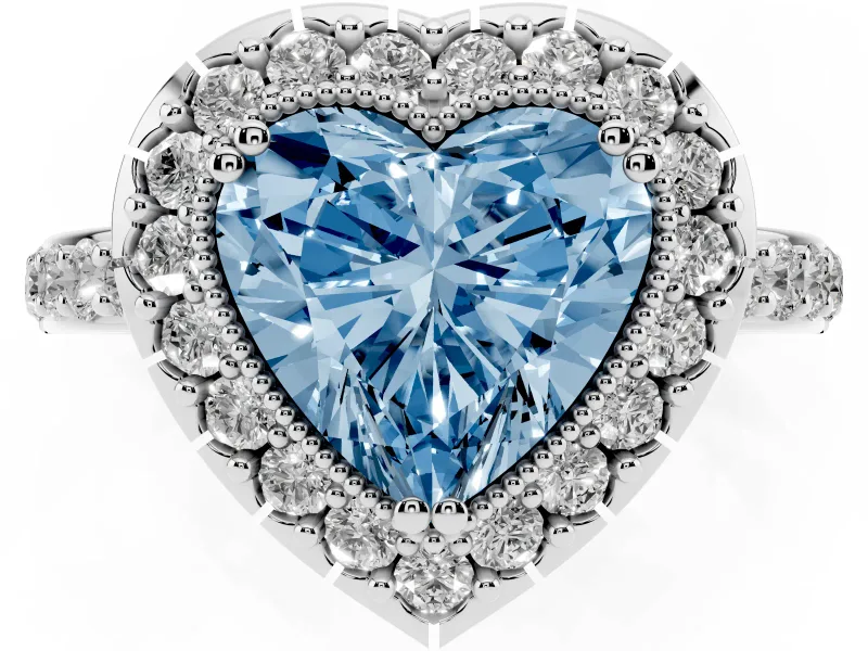 Heart-Shaped Milgrain Halo Engagement Ring Setting for a Fancy Blue Lab-Grown Diamond | Pavé Shoulders | Sterling Silver