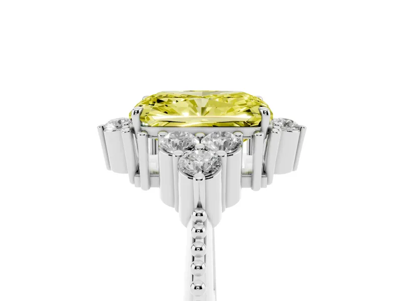Fancy Yellow Radiant Cut Diamond Cluster Ring Set in Platinum with Beaded Band