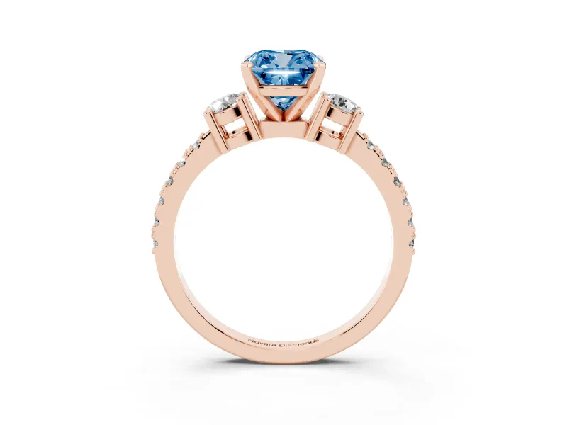 Cushion Cut Three Stone Pavé Engagement Ring Setting for a Fancy Blue Lab-Grown Diamond | Round Side Stones | Rose Gold