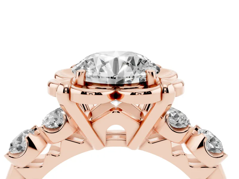 Round Floral Engagement Ring Setting | Petal Frame and Side Stones | Rose Gold