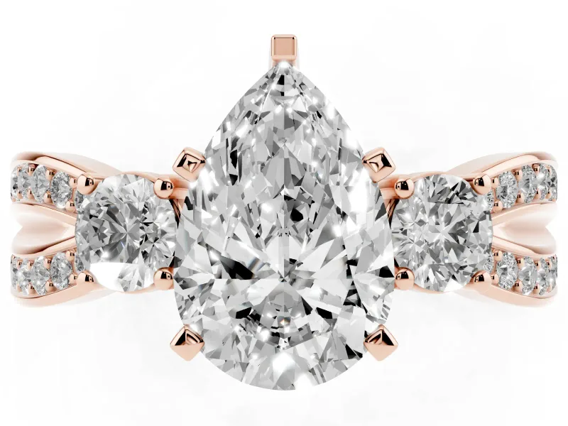 Three-Stone Pear Cut Diamond Twist Band Ring Set in Rose gold with Pavé Accents and Prong Setting