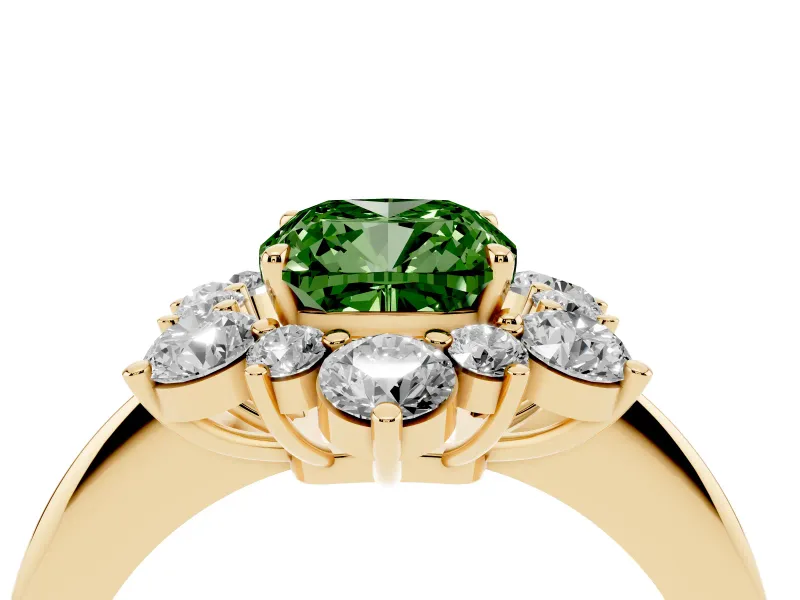 Cushion Cut Cluster Halo Engagement Ring Setting for a Fancy Green Lab-Grown Diamond | Yellow Gold
