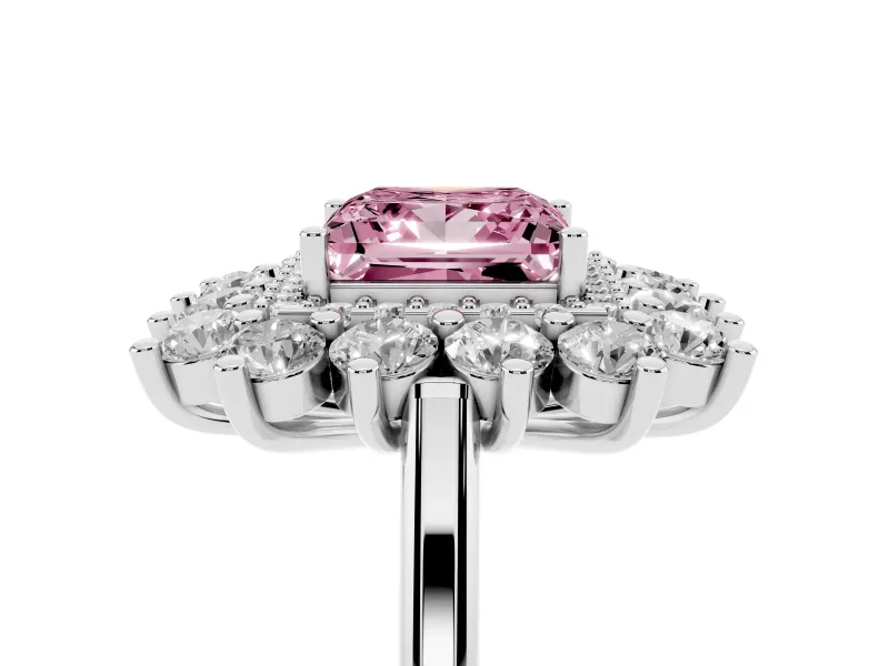 Princess Cut Floral Halo Engagement Ring Setting for a Fancy Pink Lab-Grown Diamond | Plain Band | Sterling Silver