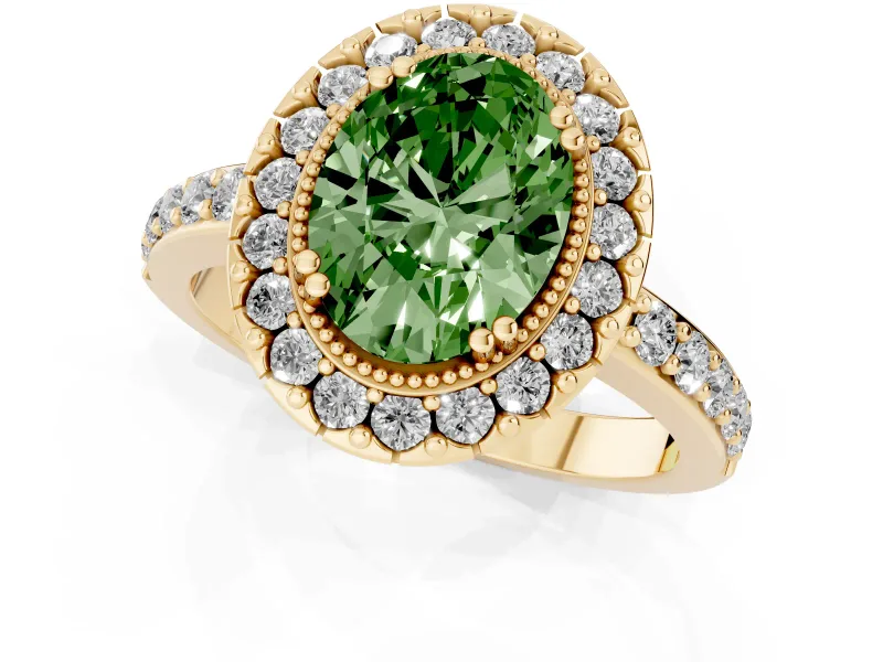 Fancy Green Oval Cut Diamond Halo Ring Set in Yellow gold with Pavé Shank and Prong Setting