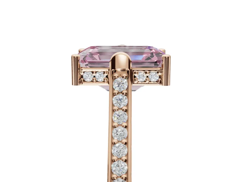 Emerald Cut Vintage Cathedral Engagement Ring Setting for a Fancy Pink Lab-Grown Diamond | Carved Band | Rose Gold
