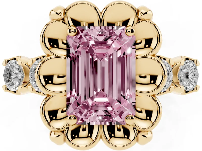 Emerald Cut Floral Engagement Ring Setting for a Fancy Pink Lab-Grown Diamond | Petal Frame | Yellow Gold