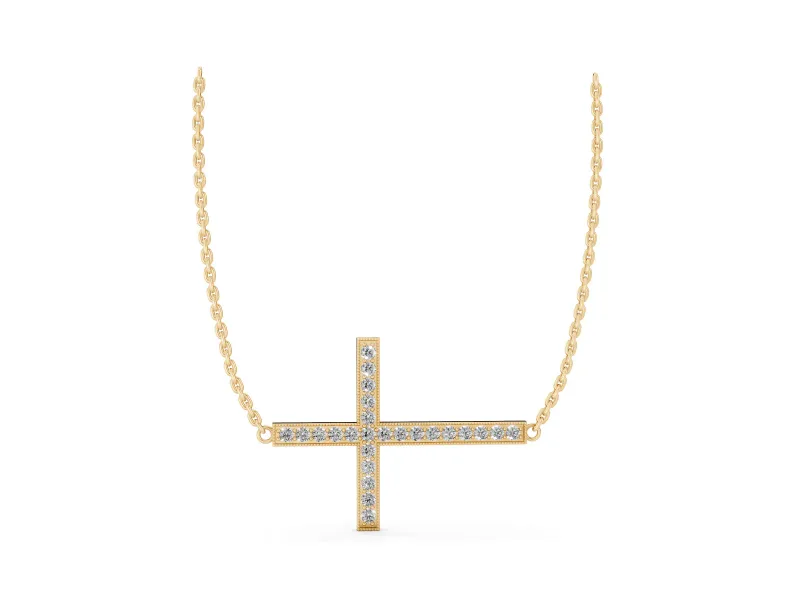 Round Lab-Grown Diamond Pavé Sideways Cross Necklace | Milgrain Edges | Yellow Gold