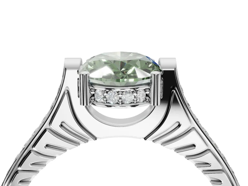 Oval Vintage Cathedral Engagement Ring Setting for a Fancy Green Lab-Grown Diamond | Carved Band | Platinum