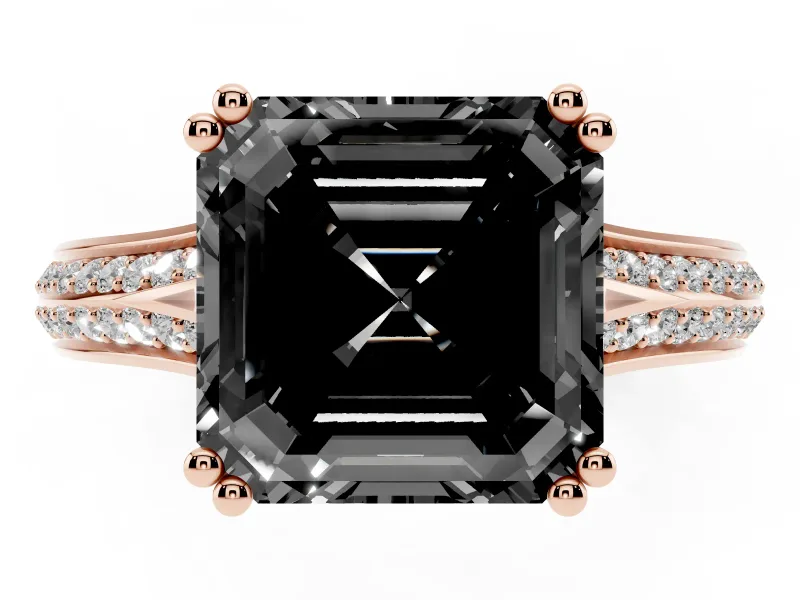 Asscher Cut Split Shank Engagement Ring Setting for a Black Center | Pavé Band | Rose Gold