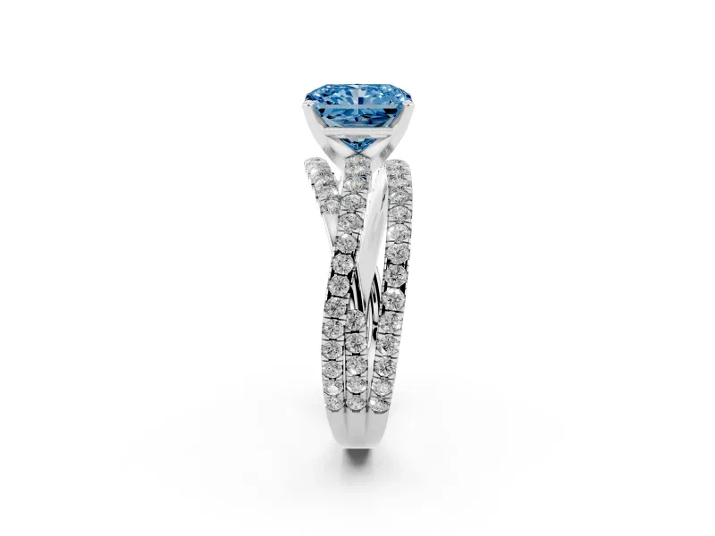 Fancy Blue Radiant Cut Diamond Solitaire Twist Band Ring Set in Platinum with Pavé Setting and Prong Head