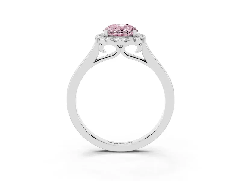 Fancy Pink Oval Cut Halo Round Diamond Solitaire Ring Set in Silver with Pavé Band and Prong Setting