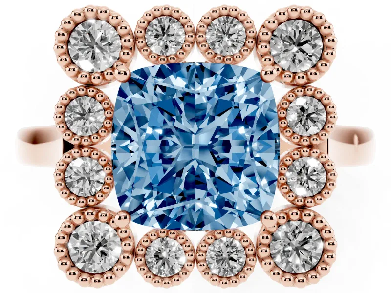 Cushion Cut Milgrain Cluster Halo Engagement Ring Setting for a Fancy Blue Lab-Grown Diamond | Plain Band | Rose Gold