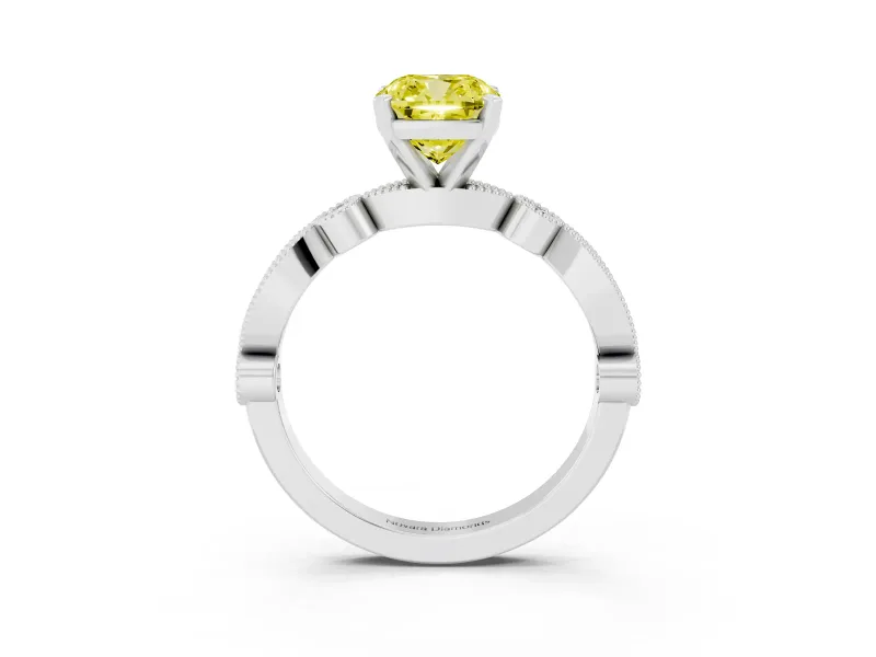 Fancy Yellow Cushion Cut Diamond Solitaire Engagement Ring Set in Silver with Milgrain Bezel Accent Band