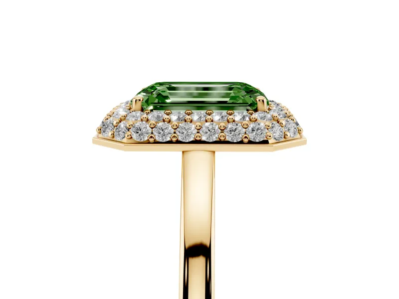 Fancy Green Emerald Cut Diamond Halo Engagement Ring Set in Yellow gold with Solitaire Band and Prong Setting