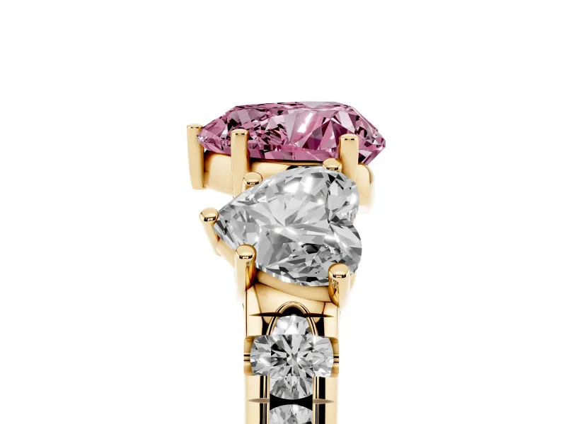 Heart-Shaped Three Stone Engagement Ring Setting for a Fancy Pink Lab-Grown Diamond | Accented Shoulders | Yellow Gold