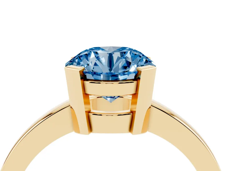 Fancy Blue Round Cut Diamond Solitaire Ring Set in Yellow gold with Prong Head and Smooth Polished Band