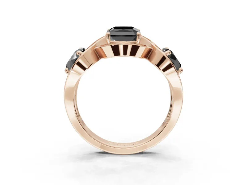 Radiant Cut Three Stone Halo Engagement Ring Setting for a Black Center | Pavé Wave Band | Rose Gold