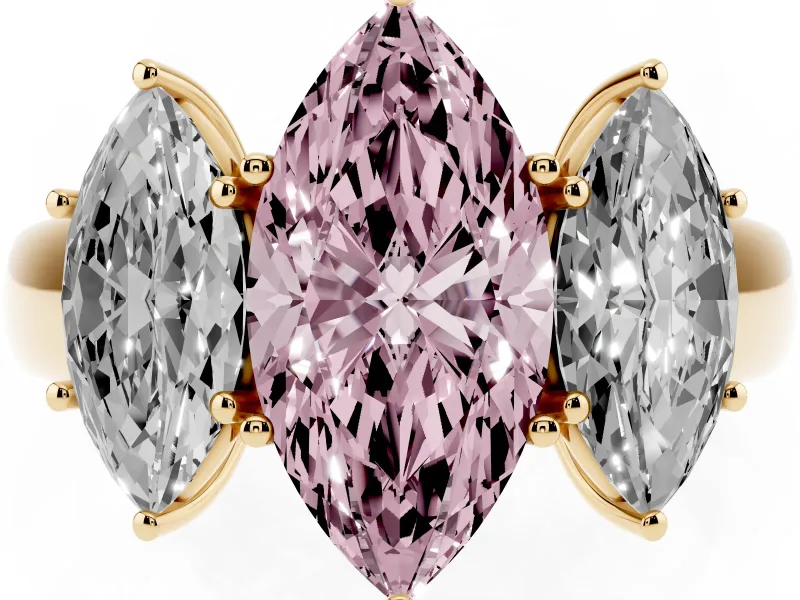 Fancy Pink Three-Stone Marquise Cut Diamond Ring Set in Yellow gold with Matching Prong Settings and Plain Band