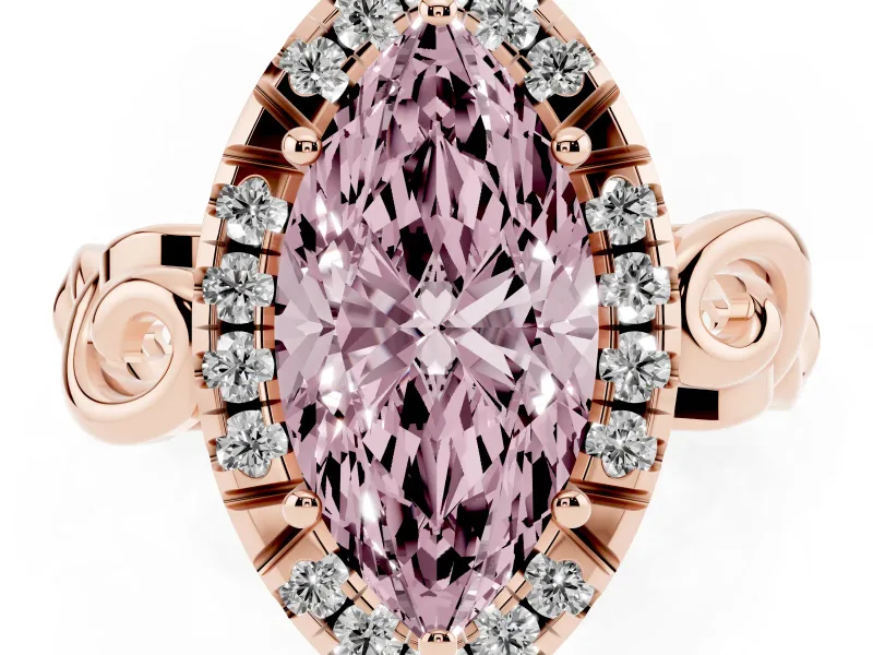Fancy Pink Marquise Cut Diamond Halo Ring Set in Rose gold with Scrollwork Band and Prong Setting