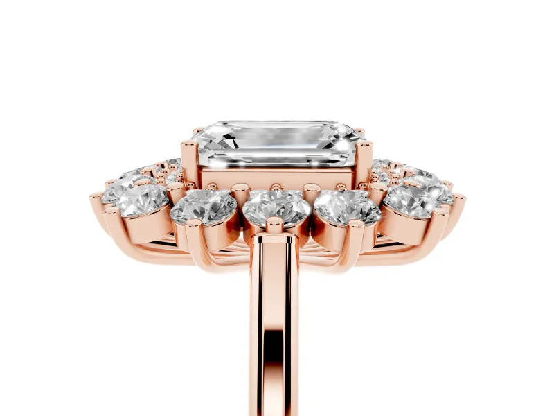 Emerald Cut Floral Double Halo Engagement Ring Setting | Plain Band | Rose Gold