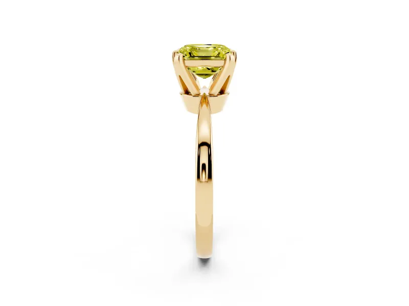 Fancy Yellow Asscher Cut Diamond Solitaire Engagement Ring Set in Yellow gold with Slim Tapered Solitaire Band