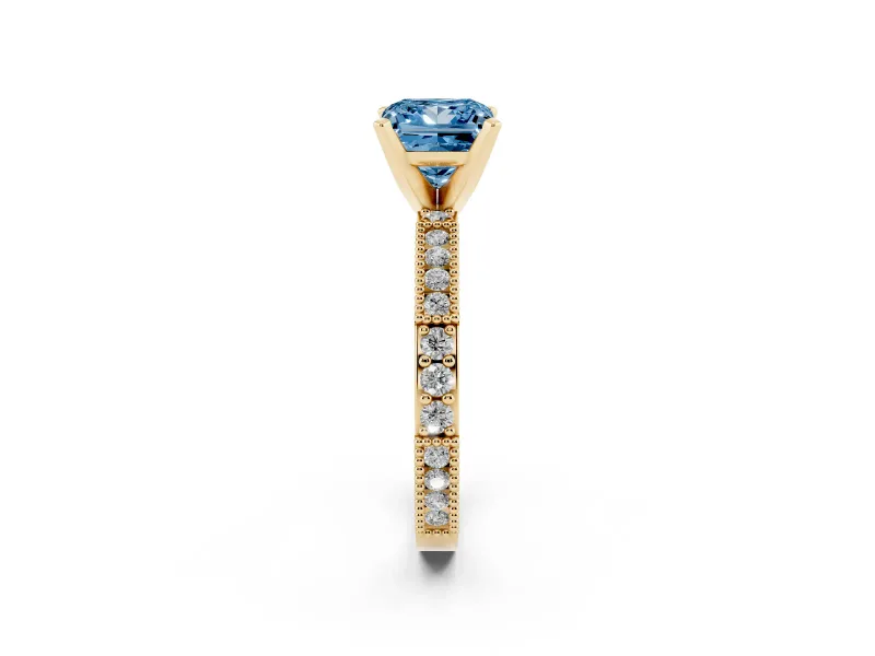 Fancy Blue Princess Cut Diamond Solitaire Ring Set in Yellow gold with Slim Pavé Band and Prong Setting