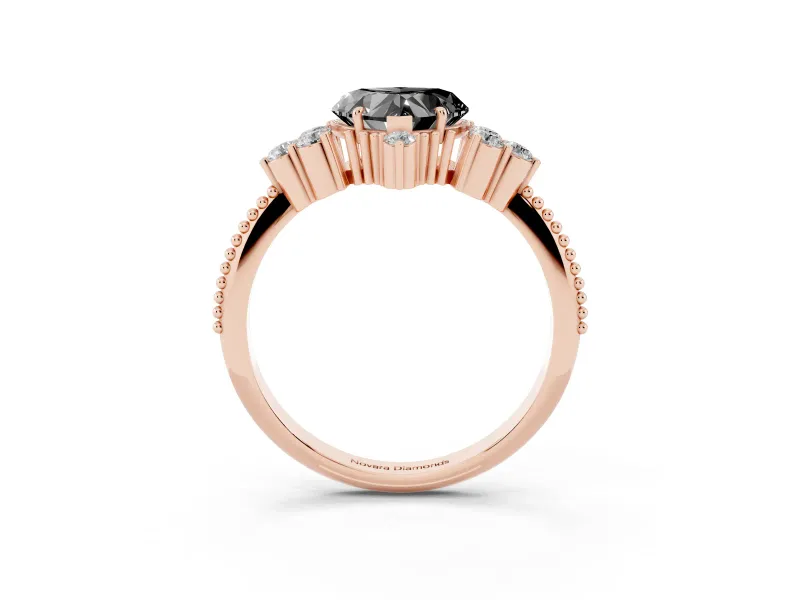 Heart-Shaped Vintage Cluster Engagement Ring Setting for a Black Center | Beaded Edges | Rose Gold