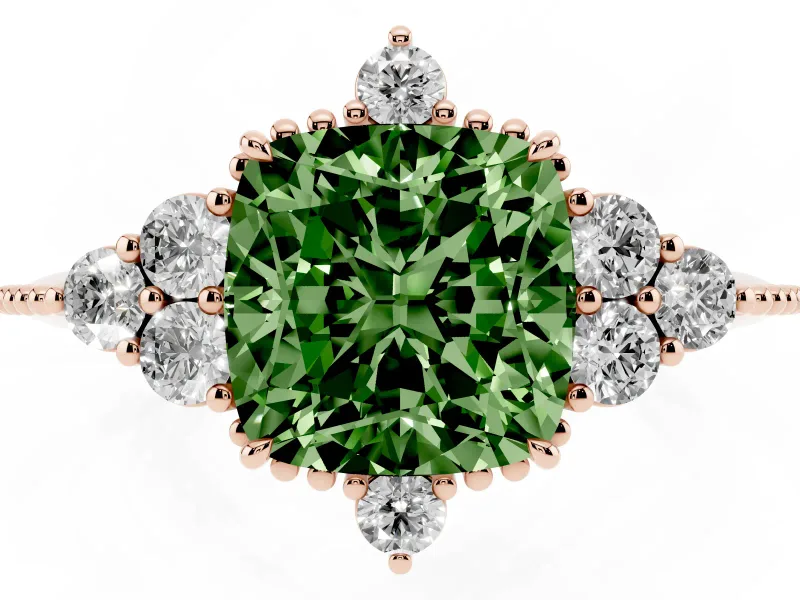 Cushion Cut Cluster Engagement Ring Setting for a Fancy Green Lab-Grown Diamond | Rose Gold