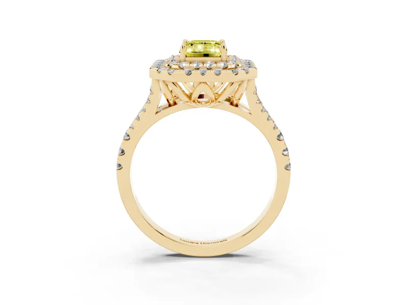 Emerald Cut Halo Split Shank Engagement Ring Setting for a Fancy Yellow Lab-Grown Diamond | Yellow Gold