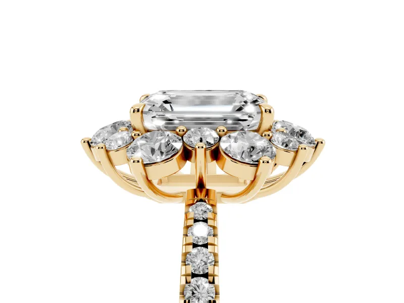 Emerald Cut Star Floral Halo Engagement Ring Setting | Graduated Pavé Band | Yellow Gold