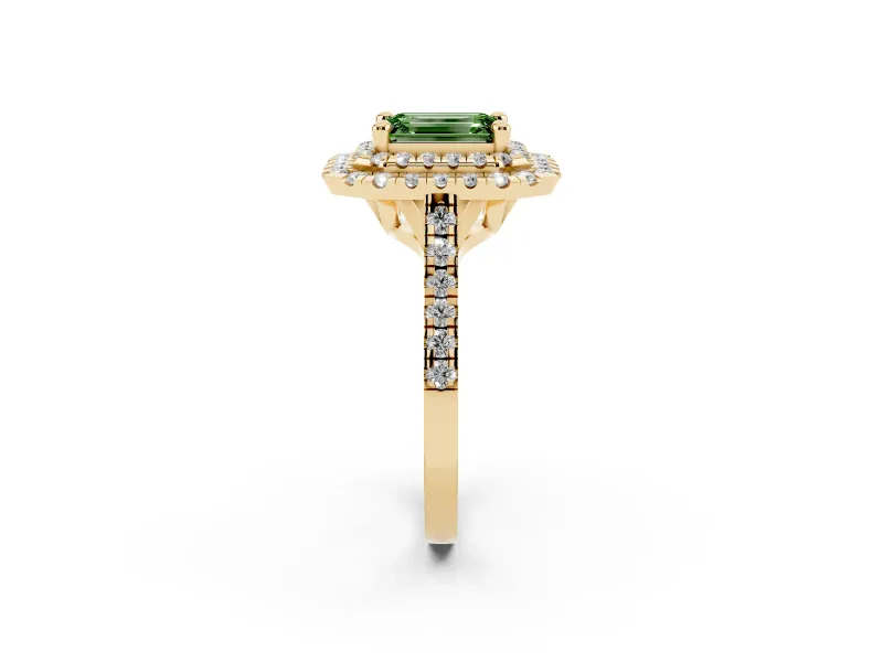 Emerald Cut Double Halo Engagement Ring Setting for a Fancy Green Lab-Grown Diamond | Pave Shoulders | Yellow Gold