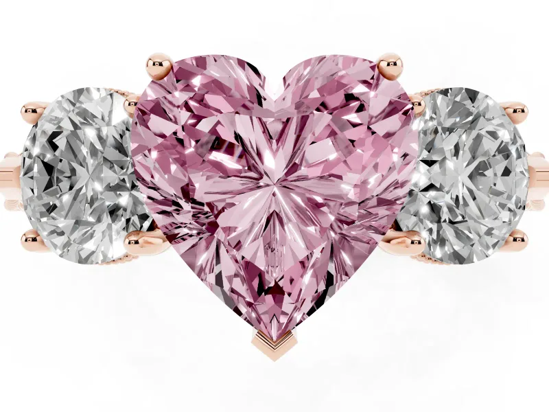 Fancy Pink Heart Cut Diamond Three-Stone Ring Set in Rose gold with Milgrain Band