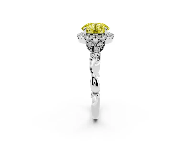 Round Halo Engagement Ring Setting for a Fancy Yellow Lab-Grown Diamond | Leaf Shoulders | Platinum