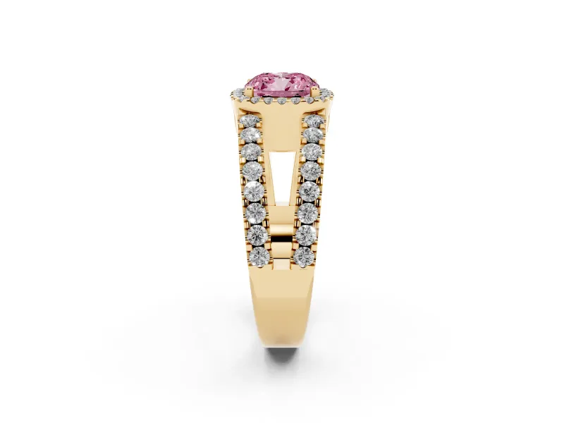 Fancy Pink Cushion Cut Diamond Halo Ring Set in Yellow gold with Pavé Split Shank and Prong Setting