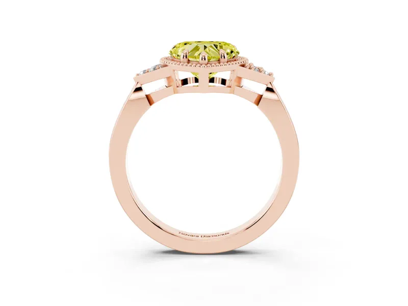 Fancy Yellow Heart Cut Diamond Milgrain Solitaire Ring Set in Rose gold with Tapered Pavé Band and Prong Setting