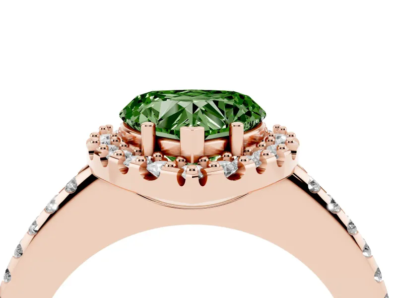 Heart-Shaped Pave Halo Engagement Ring Setting for a Fancy Green Lab-Grown Diamond | Pave Band | Rose Gold