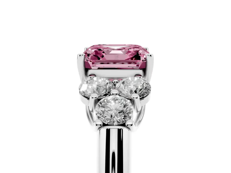 Fancy Pink Asscher Cut Diamond Cluster Ring Set in White gold with Round Accent Stones and Prong Setting on a Plain Band
