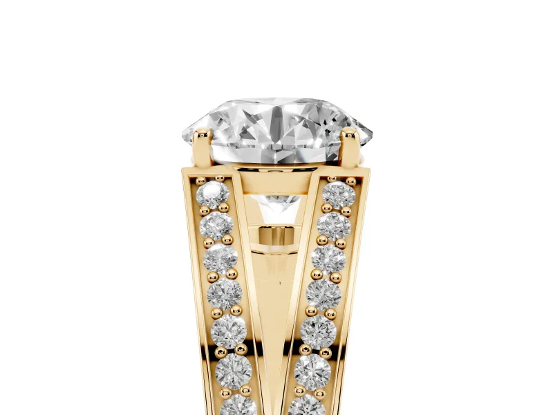 Round Split Shank Pavé Engagement Ring Setting | Engraved Leaf Sides | Yellow Gold