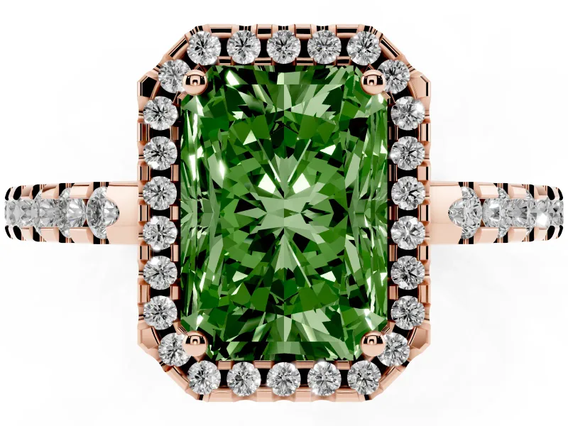 Radiant Cut Pave Halo Engagement Ring Setting for a Fancy Green Lab-Grown Diamond | Rose Gold