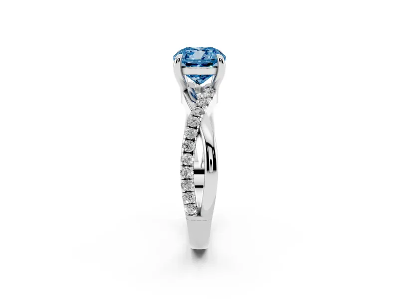 Fancy Blue Cushion Cut Diamond Twist Band Solitaire Set in Silver with Pavé Accents and Prong Setting