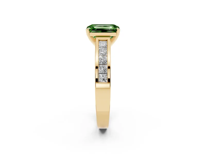 Fancy Green Emerald Cut Diamond Solitaire Ring Set in Yellow gold with Channel-Set Band and Prong Setting