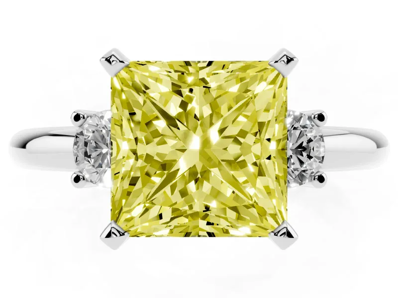 Fancy Yellow Three-Stone Princess Cut Diamond Ring Set in Silver with Prong Setting and Plain Band